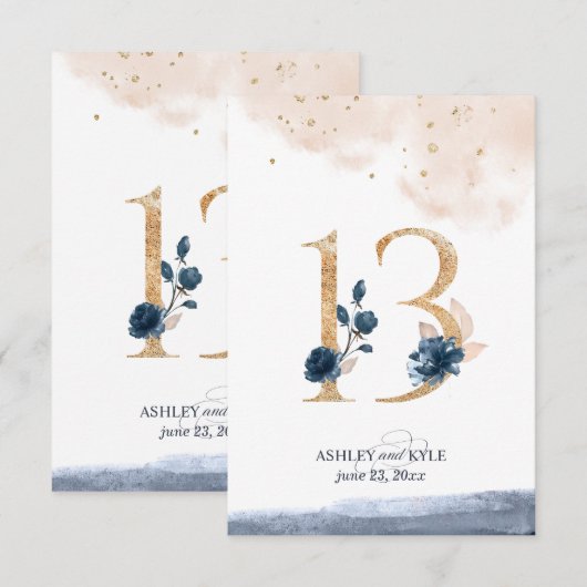 Numéro de table de mariage en bleu marine, rose po (Devant / Derrière)