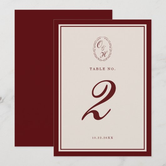 Numéro de table de mariage en bordeaux à l'ancienn (Devant / Derrière)