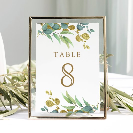Numéro de table de mariage en branche dorée d'euca