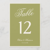 Numéro de table de mariage en calligraphie vert ol (Devant)
