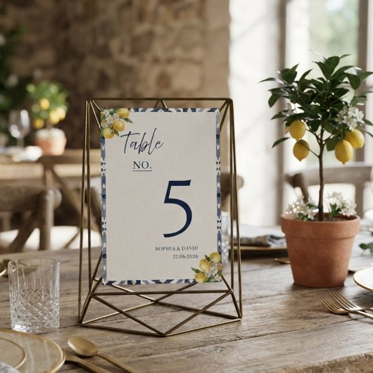 Numéro de table de mariage en carrelage bleu citro