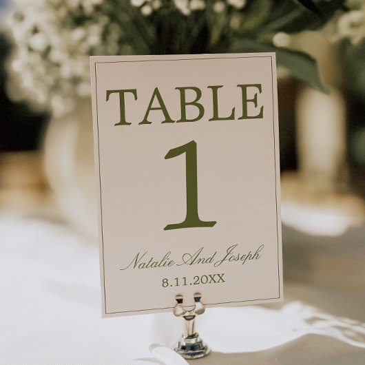 Numéro de table de mariage en crème vert olive Old