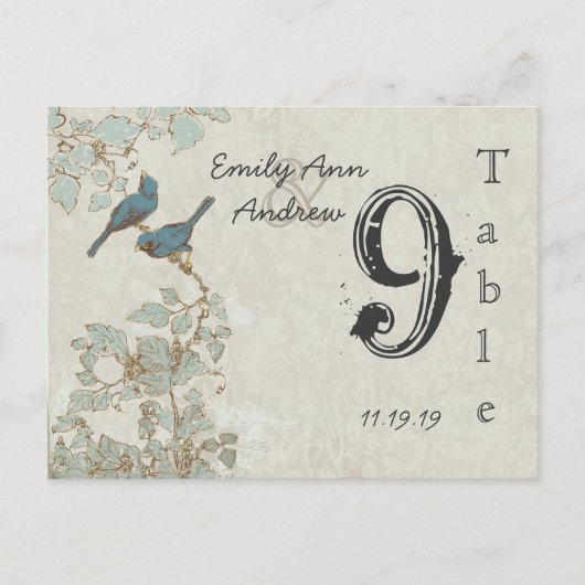 Numéro de table de mariage en damas oiseaux sarcel (Devant)