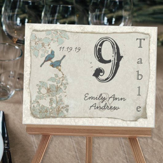 Numéro de table de mariage en damas oiseaux sarcel
