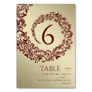Numéro de table de mariage en damas rouge et or él