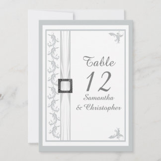 Numéro de table de mariage en damassé gris et blan