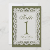 Numéro de table de mariage en dentelle vert olive (Devant)