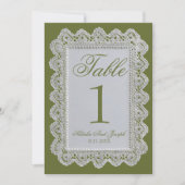 Numéro de table de mariage en dentelle vert olive  (Devant)