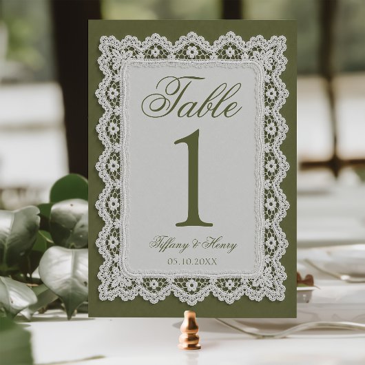Numéro de table de mariage en dentelle vert olive