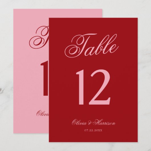 Numéro de table de mariage en écriture rose rouge (Devant / Derrière)