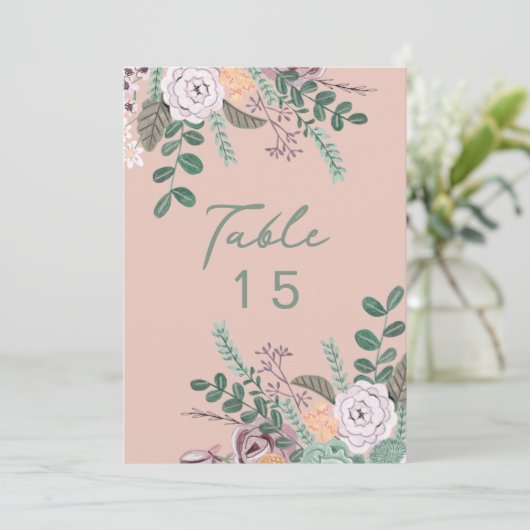Numéro de table de mariage en eucalyptus rose flor (Debout devant)
