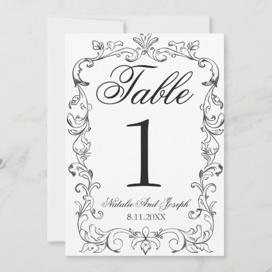 Numéro de table de mariage en noir et blanc à l'an (Devant)
