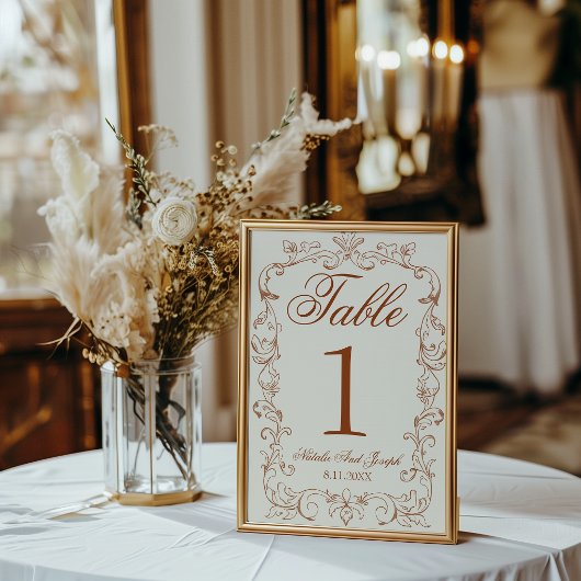 Numéro de table de mariage en orange brûlé rétro à
