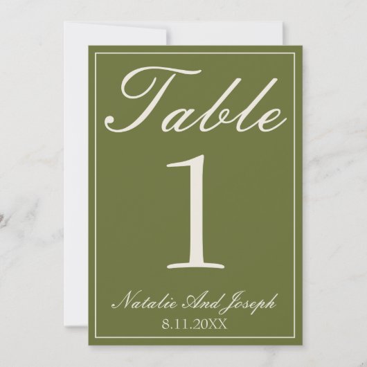 Numéro de table de mariage en vert olive chocolat (Devant)