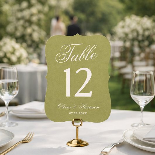 Numéro de table de mariage en vert olive découpé