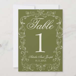 Numéro de table de mariage en vert olive rétro à l