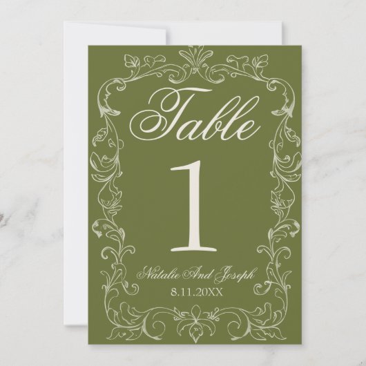 Numéro de table de mariage en vert olive rétro à l (Devant)