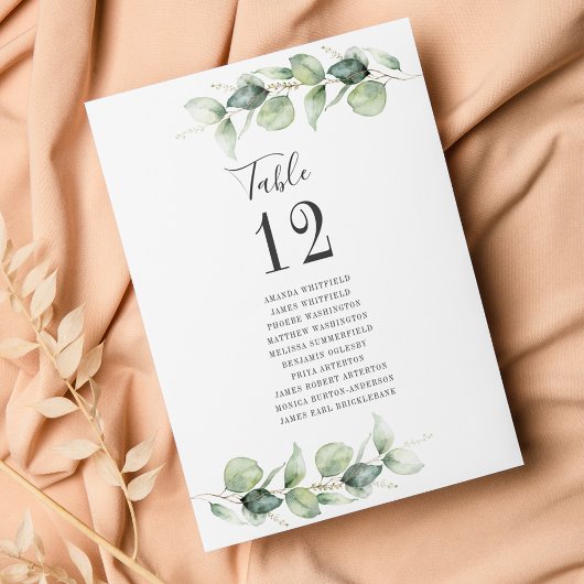 Numéro de table de mariage Eucalyptus avec noms de