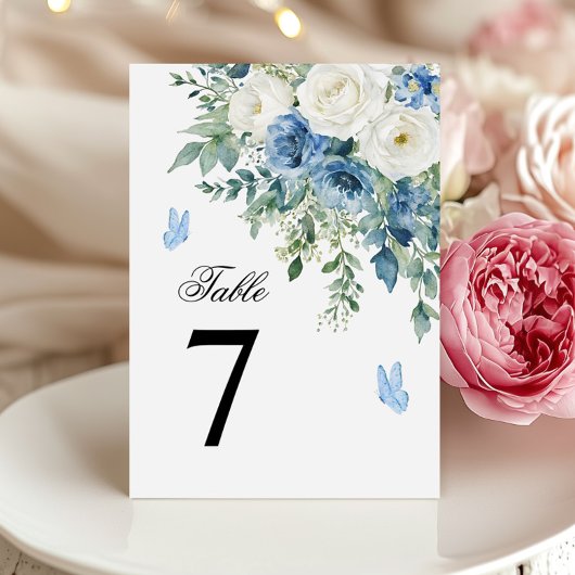 Numéro de table de mariage Fleurs Bleu Poussiéreux