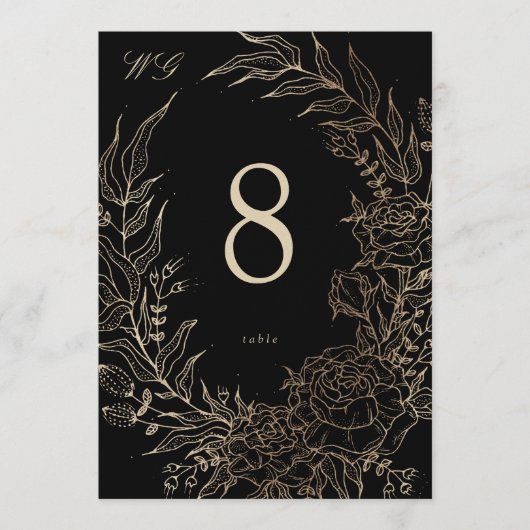 Numéro de table de mariage Fleurs dorées noires 5 (Devant)