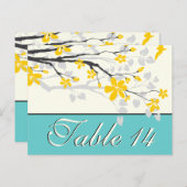 Numéro de table de mariage fleurs jaune turquoise (Devant / Derrière)