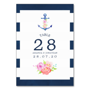 Numéro de table de mariage floral aquarelle nautiq