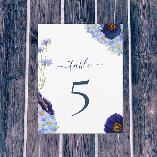 Numéro de table de mariage floral bleu bohème