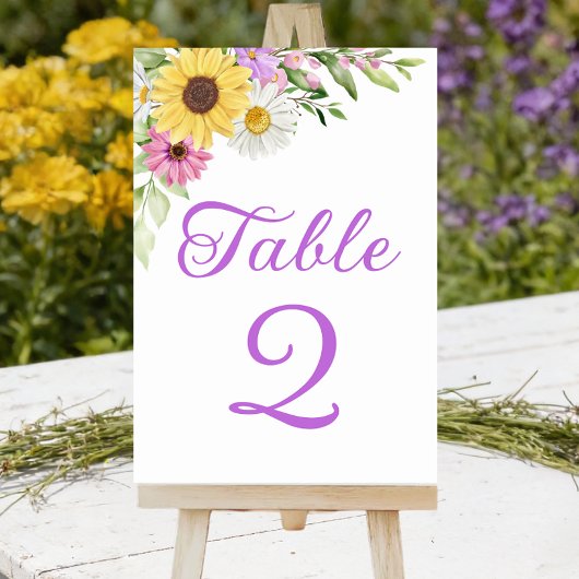 Numéro de table de mariage floral bohème tournesol