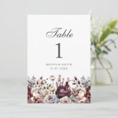 Numéro de table de mariage floral boho Bourgogne (Debout devant)