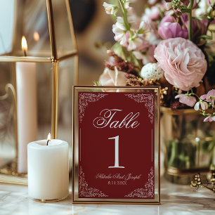 Numéro de table de mariage floral bordeaux Boho