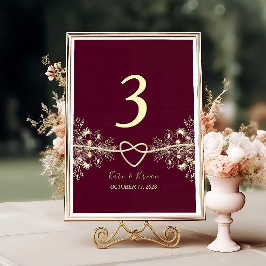 Numéro de table de mariage floral bordeaux élégant