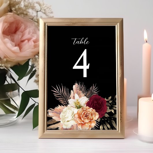 Numéro de table de mariage floral bordeaux noir