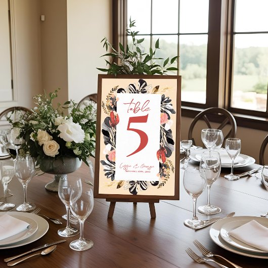 Numéro de table de mariage floral botanique noir e