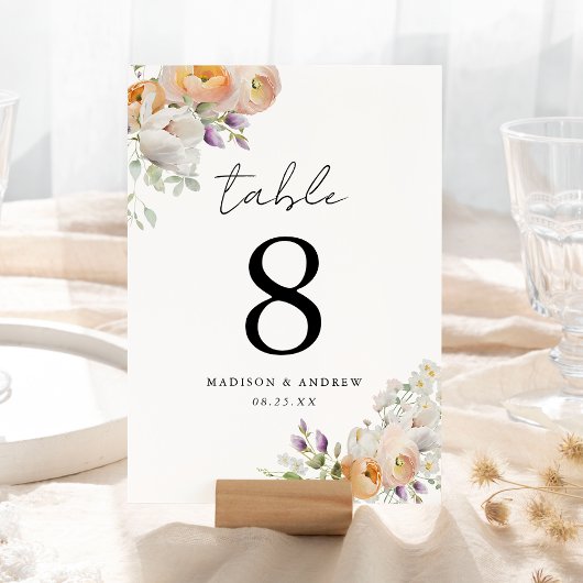 Numéro de table de mariage floral de printemps dél
