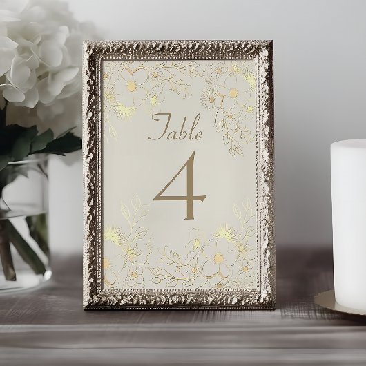 Numéro de table de mariage floral en or d'ivoire