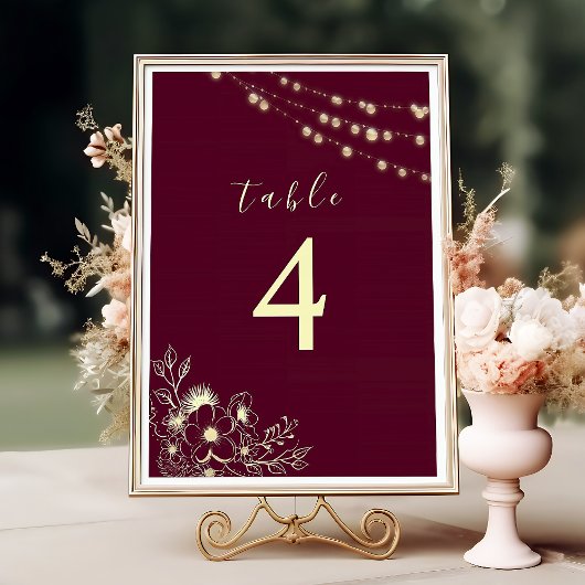Numéro de table de mariage floral or Bourgogne