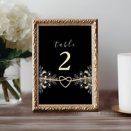 Numéro de table de mariage floral or noir