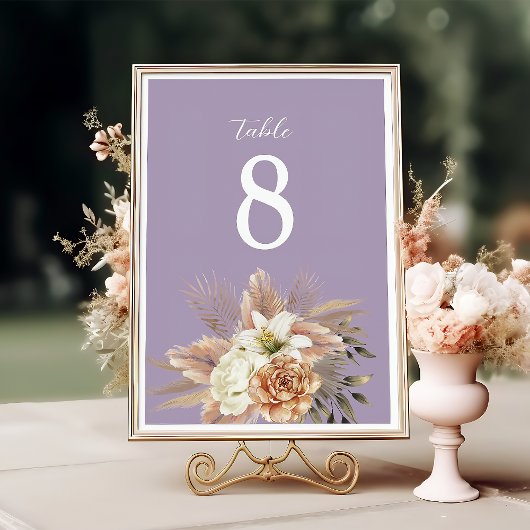 Numéro de table de mariage floral pêche et violet