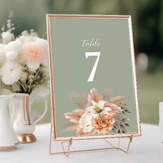 Numéro de table de mariage floral pêche vert sauge