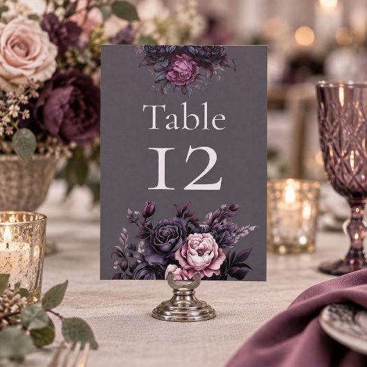 Numéro de table de mariage floral prune gothique