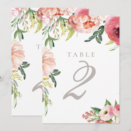 Numéro de table de mariage floral rose Blush Peony (Devant / Derrière)