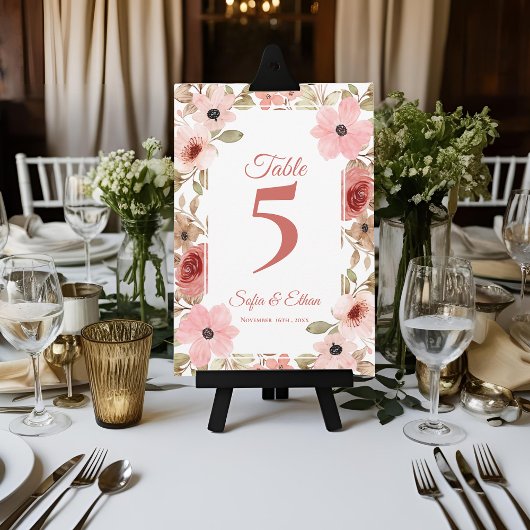 Numéro de table de mariage floral rose romantique