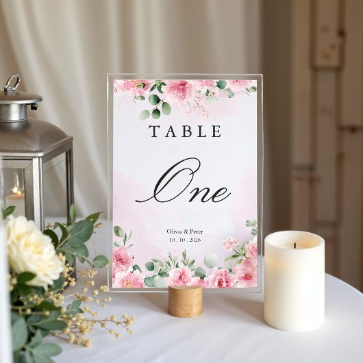 Numéro de table de mariage floral rose tendre