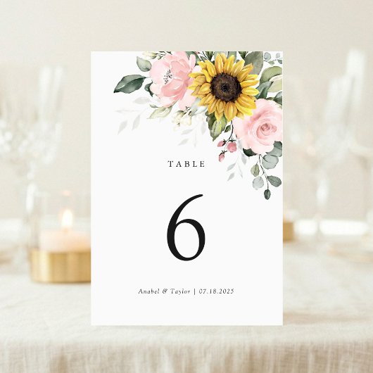 Numéro de table de mariage floral rose tournesols