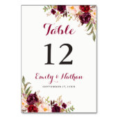 Numéro de table de mariage floral rouge Bourgogne (Dos)