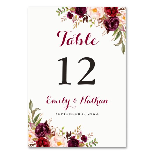 Numéro de table de mariage floral rouge Bourgogne (Par défaut)