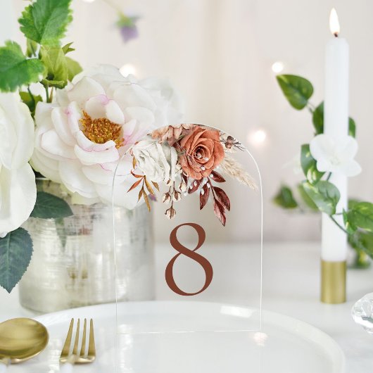 Numéro de table de mariage floral terracotta rusti