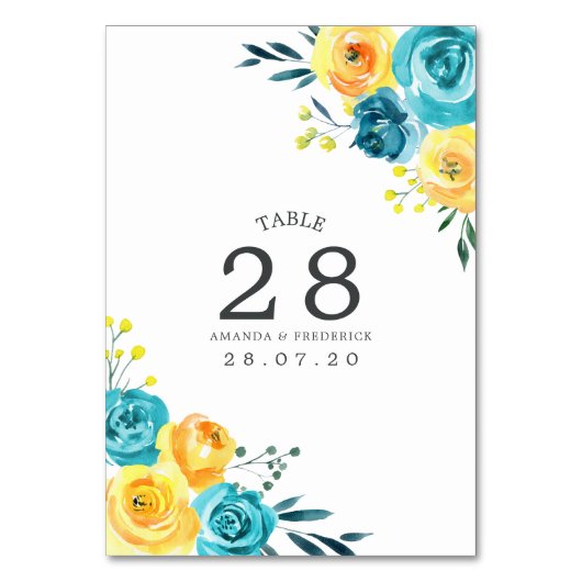 Numéro de table de mariage floral turquoise et jau (Par défaut)