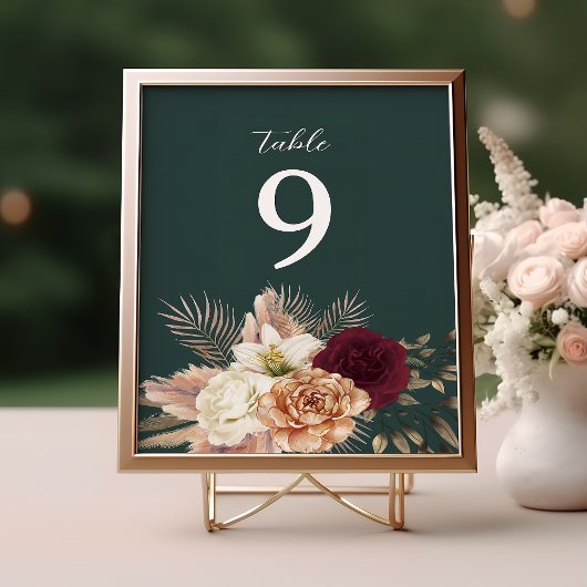 Numéro de table de mariage floral vert émeraude