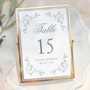 Numéro de table de mariage floral vintage vert sau